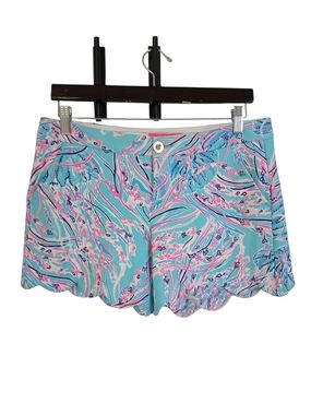 Lilly Pulitzer Aqua & Pink Printed Scallop Hem High-Waist Shorts